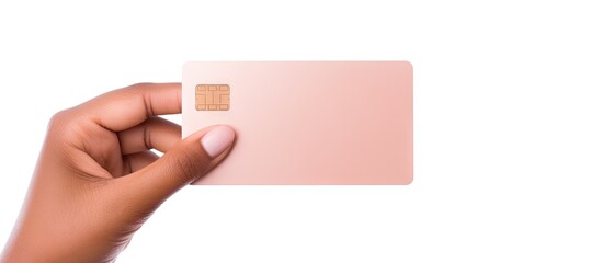 Obraz premium Woman displaying empty business card on white studio backdrop with copy space cutout