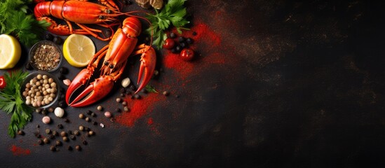 Spiced lobster on dark surface Overhead perspective Space for use
