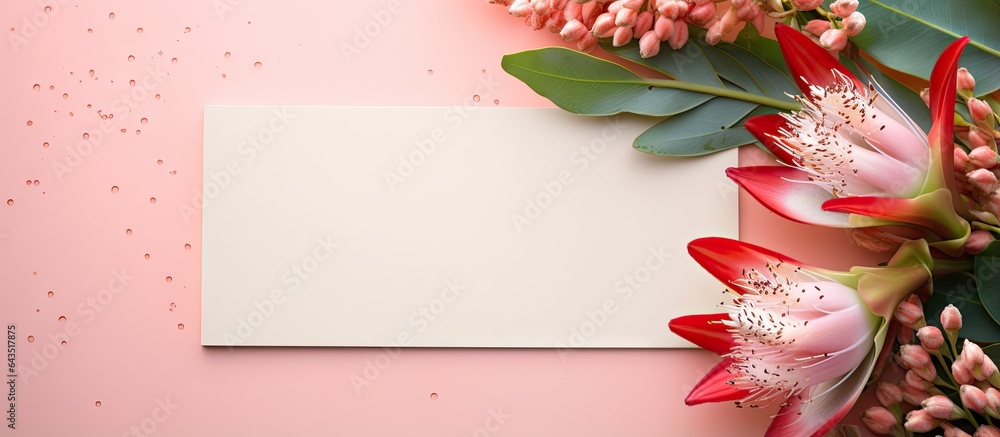 Poster top view of blank card and tulips on colored background with space for your design