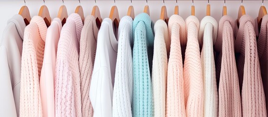 Sweaters in pastel colors hang on white hangers