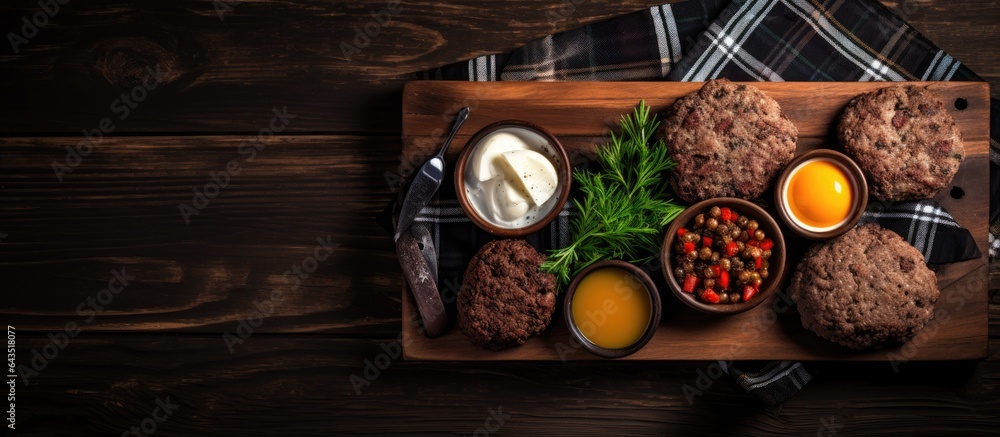 Poster scottish breakfast with haggis overhead view on dark wood with room for text