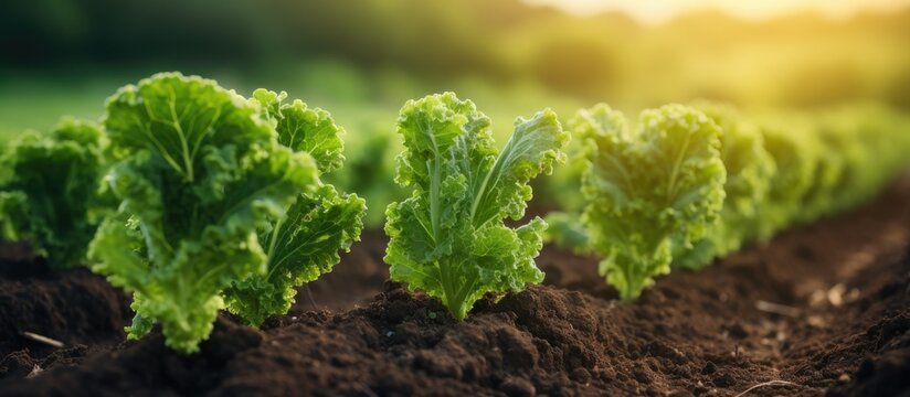 Picture of young kale plants in rich soil with empty area for text