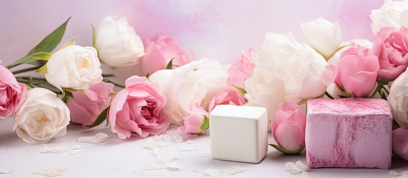 Handcrafted marshmallow flowers on a bright backdrop Women s day Valentine s day theme Space for text