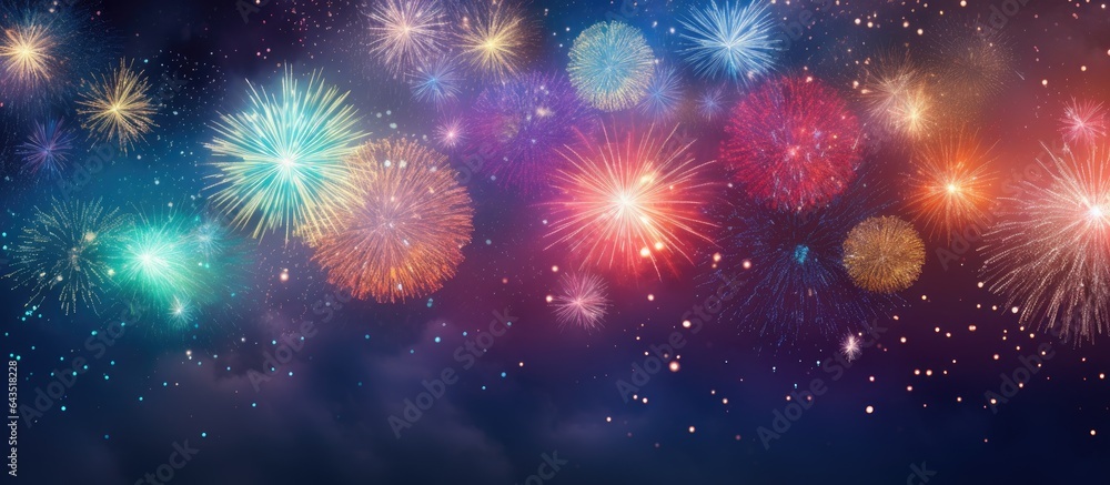 Poster Close up abstract background of fireworks in the night sky with space for text
