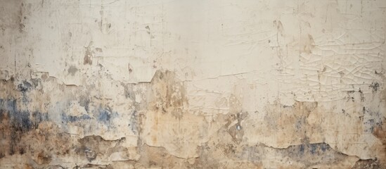 Dilapidated old paper wallpaper with retro pattern Ripped paper on concrete wall Vintage texture for background and design Closeup view with space for text High quality