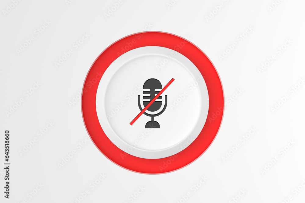 Poster push button with muted microphone icon on white background.