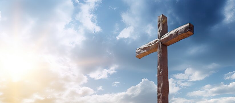 Wooden cross and bright sky on Ascension day digital generation holiday celebration Christianity religion spirituality tradition belief