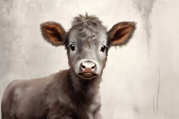 Cute Calf On Gray Background . Сoncept Cuteness Of Calfs, Gray As A Color, Backgrounds In...
