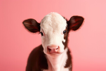 Cute Calf On Pink Background. Сoncept Calf Adorableness, Background Color, Animal Photography, Pink Aesthetics