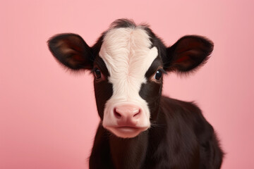 Cute Calf On Pink Background . Сoncept Adorable Baby Animals, Photo Colour Schemes, Farm Animals, Farmyard Captures