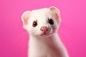 Fototapeta na wymiar Cute Ferret On Pink Background. Сoncept Adorable Ferret, Ferret Colors, Ferret As Pet, Creative Backgrounds