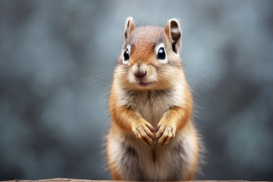 Cute Chipmunk On Gray Background . Сoncept Cute Animals, Chipmunks, Gray Backgrounds, Photography