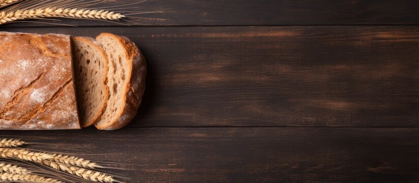Close up top view of whole wheat bread on dark wooden board