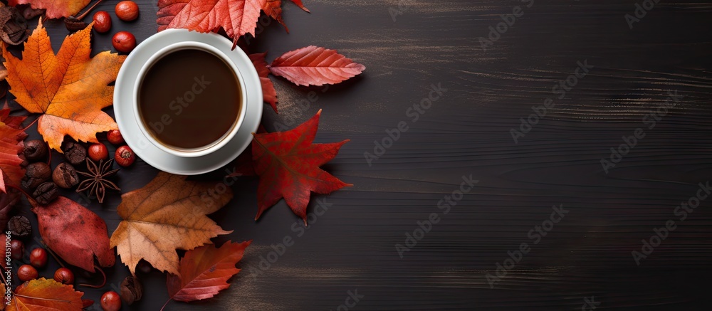 Aufkleber autumn atmosphere with coffee and colorful leaves on dark background top view with space for text