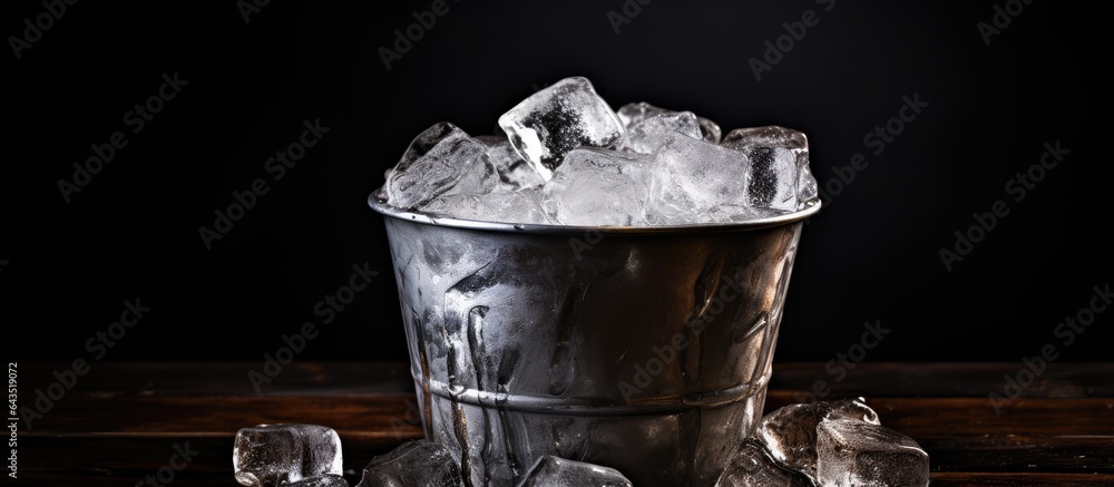 Poster vodka bottle in icy bucket on dark surface with room for text