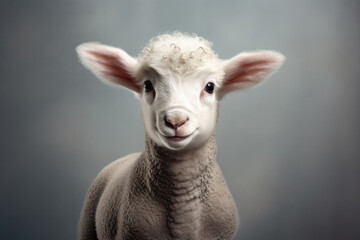Cute Lamb On Gray Background . Сoncept Flock Farming, Animal Husbandry, Lamb Breeds, Livestock Photography