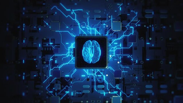 Brain central processor unit on circuit board, Artificial intelligence AI, deep learning modern computer technology. Futuristic Cyber Technology Innovation, 3D render motion background