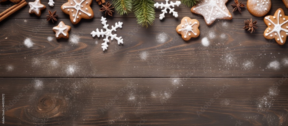 Aufkleber Top view of a wooden table with a Christmas theme including a snow covered fir tree and gingerbread cookies Creating space for your greetings