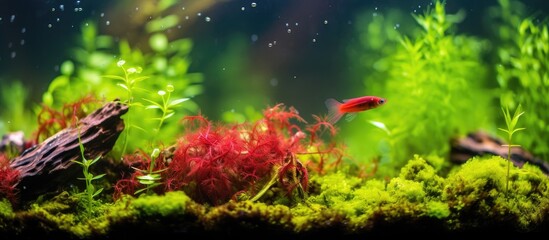 Fototapeta na wymiar Freshwater tank with cherry or fire red dwarf shrimp and green background