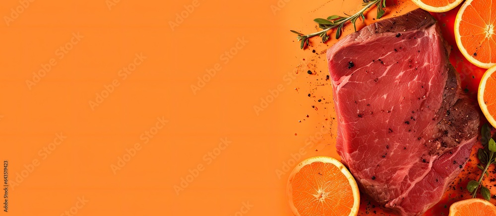 Poster raw beef brisket on orange background seen from above with empty space