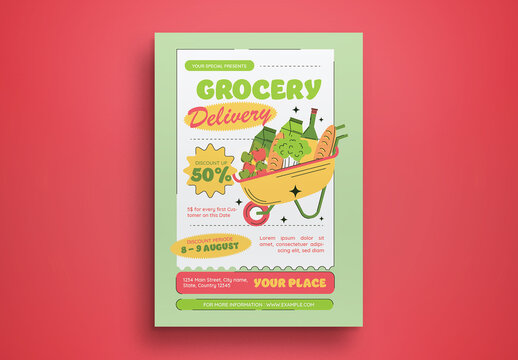 Green Line art Flat Design Grocery Delivery Flyer Layout