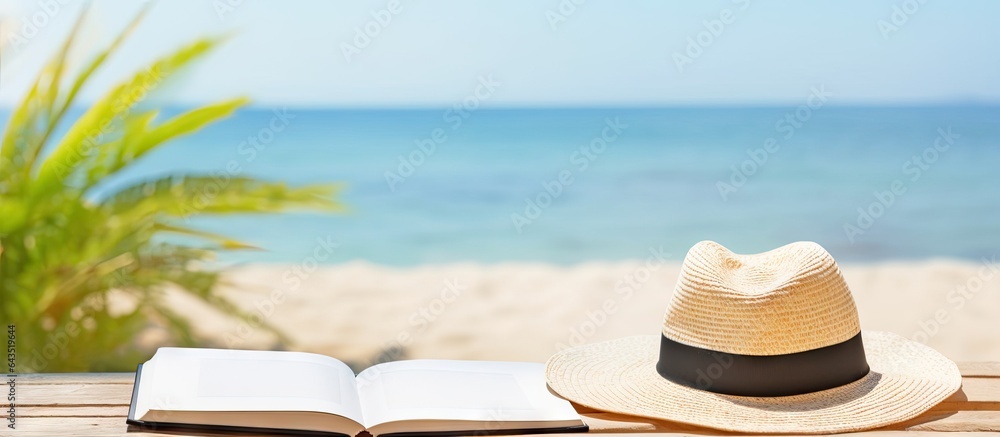 Aufkleber Beach accessories on background empty writing book with space for text