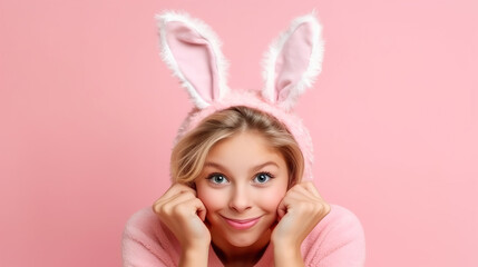 Portrait of a beautiful young woman wearing bunny ears on a pink background