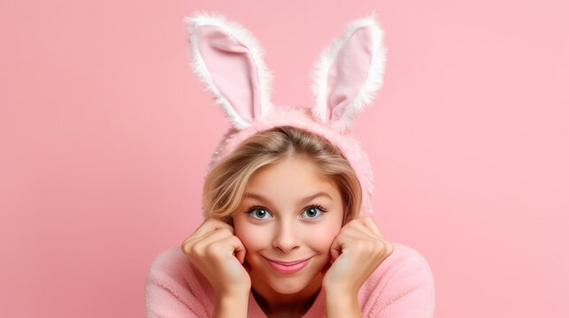 Portrait of a beautiful young woman wearing bunny ears on a pink background
