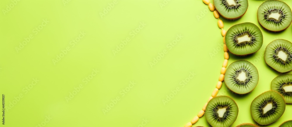 Aufkleber kiwi frame on colorful background top view with text space dried fruit as nutritious food