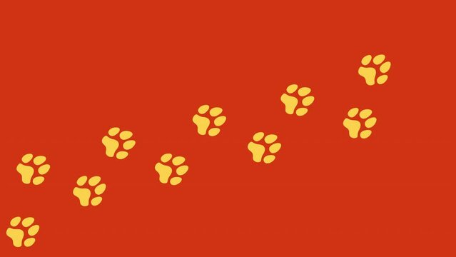 Animation: a trail of yellow footprints (comics silhuoette shapes) on an orange background, a dog walking alone on a path going from left to right.