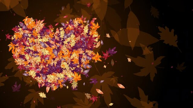 Autumn dark background with drawn falling leaves. Shape heart made of flying tree leaves. Looped animation. Copy space.