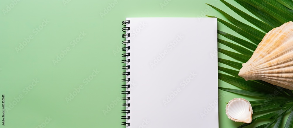 Poster seashell themed notebook for summer holiday green background top view flat lay concept