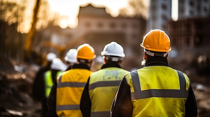 Construction workers at a building site wearing safety vests and hard hats. Shallow field of view.