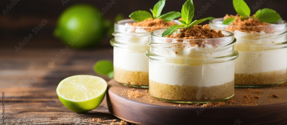 Poster individual key lime pie cheesecakes in jars on a wooden background with room for text