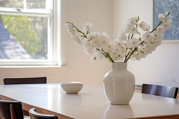 Dining Area Plain Table, Single Flower Vase. Сoncept , Chairsdining Area Tables, Flower Vases, Chairs, Decorating Ideas