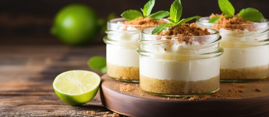 Individual key lime pie cheesecakes in jars on a wooden background with room for text