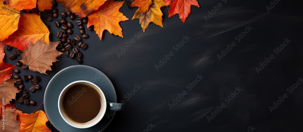 Poster autumn atmosphere with coffee and colorful leaves on dark background top view with space for text