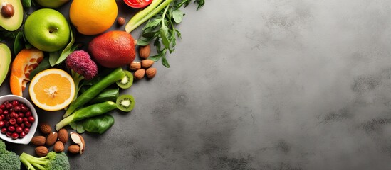 Healthy food selection with fruits vegetables seeds and cereals on a gray background with empty space