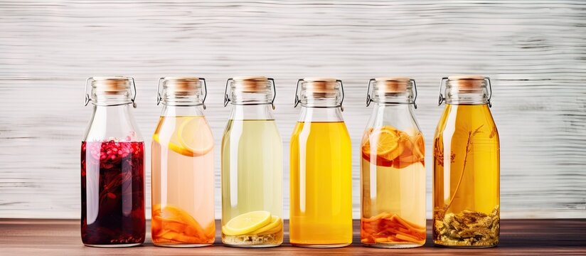 Probiotic flavored kombucha tea in a glass jar with copy space