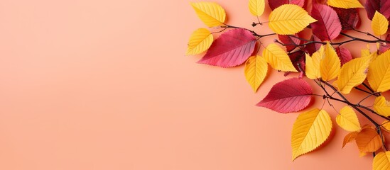 Red leaves in autumn surrounded by yellow with space for text