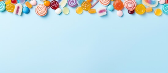 Various jelly candies on light blue background top view Space for writing © vxnaghiyev