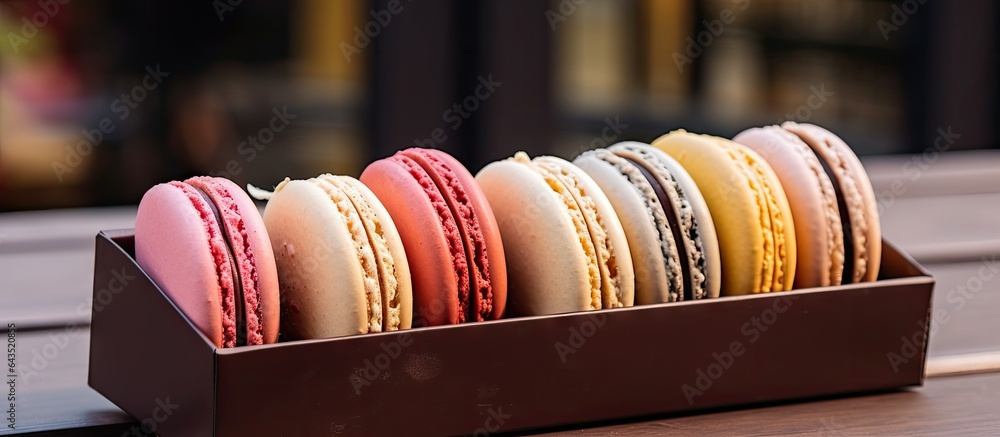 Aufkleber various macaroons in a small box on a brick background sunset lighting and copy space available clos