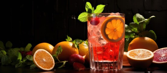Fruit mint and ice adorn black table with tasty rum and vodka beverages