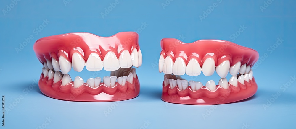 Poster close up mockup of dentures on a blue background upper and lower jaws with false teeth