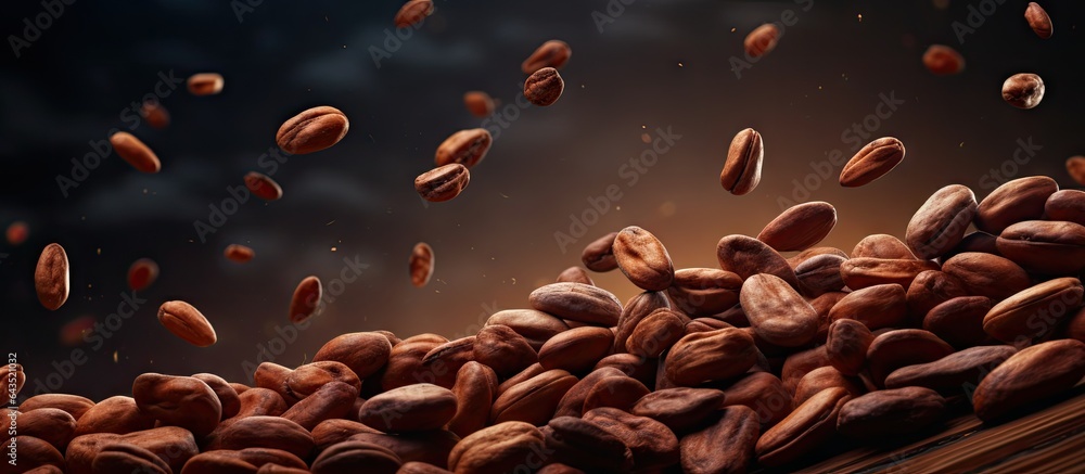 Poster cocoa beans float in the air frozen in motion