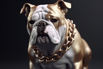 Bulldog wearing gold chain collar. Pet. Illustration, Generative AI.