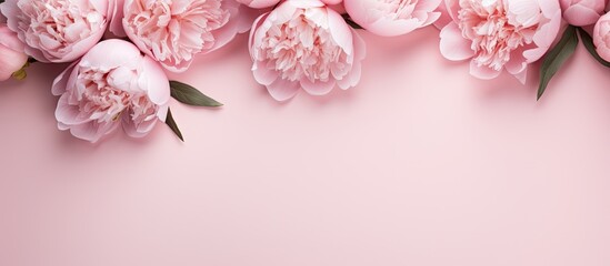 Peonies on colorful background flat lay with text space