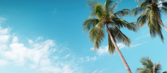 Coconut trees against sky copy space for text - obrazy, fototapety, plakaty