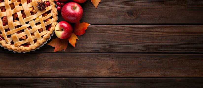 Autumn apple pie corner border on dark wood background