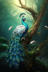 Image of a peacock with a long tail is very beautiful. Bird. Wildlife Animals., Generative AI, Illustration.